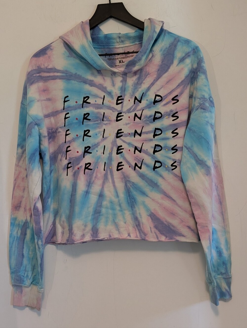 FRIENDS TV Show Tie Dye Cropped Hoodie XL Pastel Logo Pullover Warner Bros Top